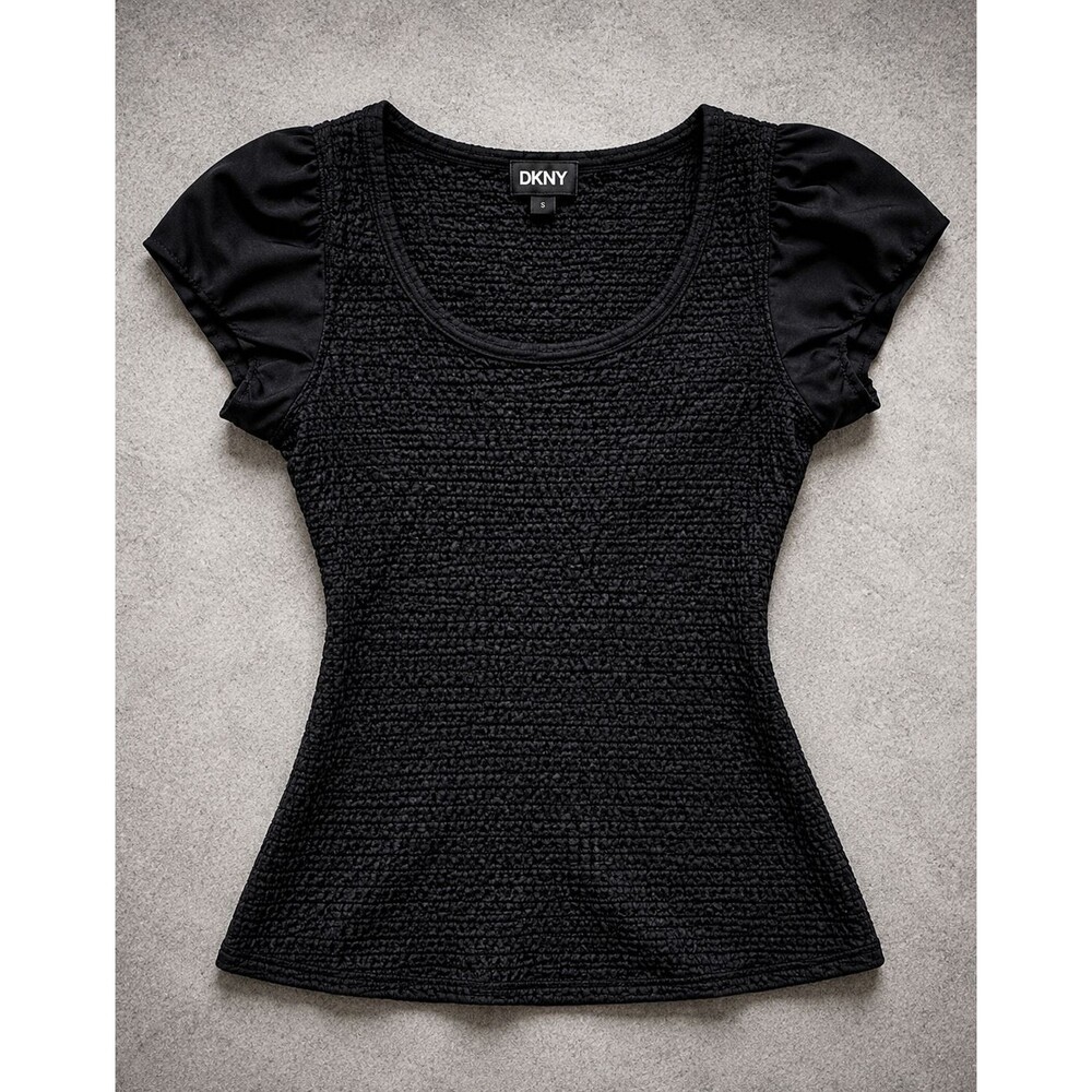 DKNY Black Smocked Top Women's Small Puff Sleeve Stretch Textured Blouse